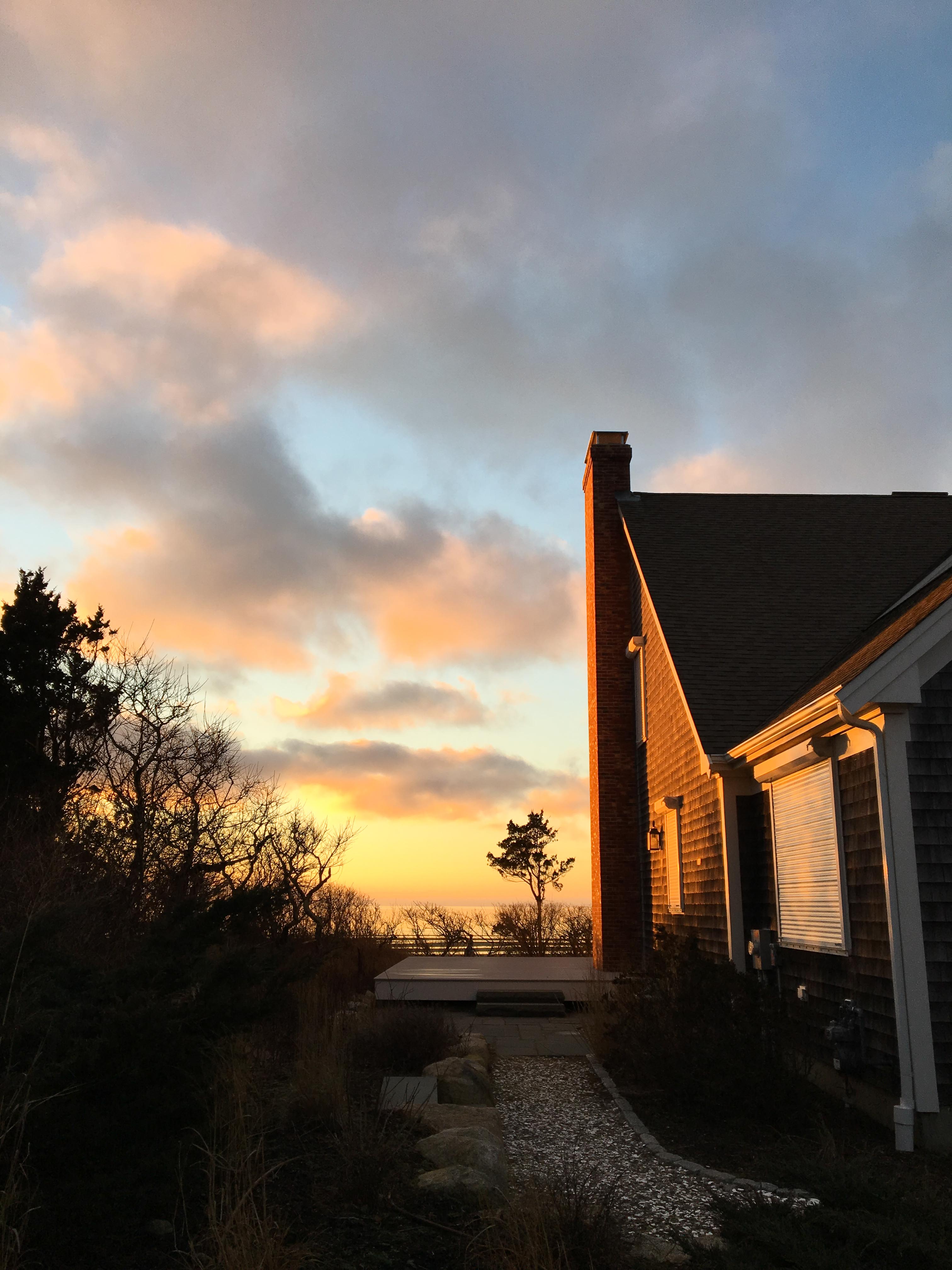 A golden Cape Cod sunset lights up the side of a beach cottage on the cliffs of First Encounter Beach, Massachusetts. The silhouette of a small, elegant tree sits beneath the pinked clouds.